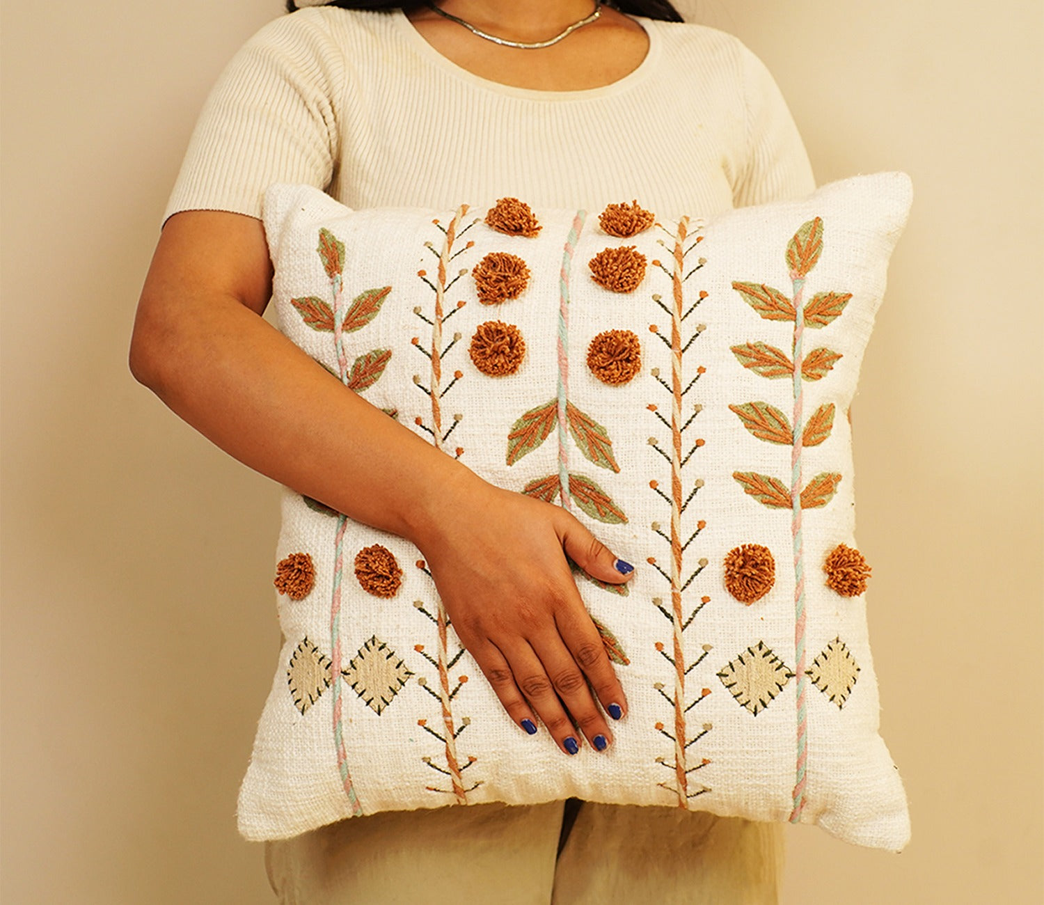 Embroidered Cotton Cushion Covers Set of 2 (Brown,18 x 18 inch)