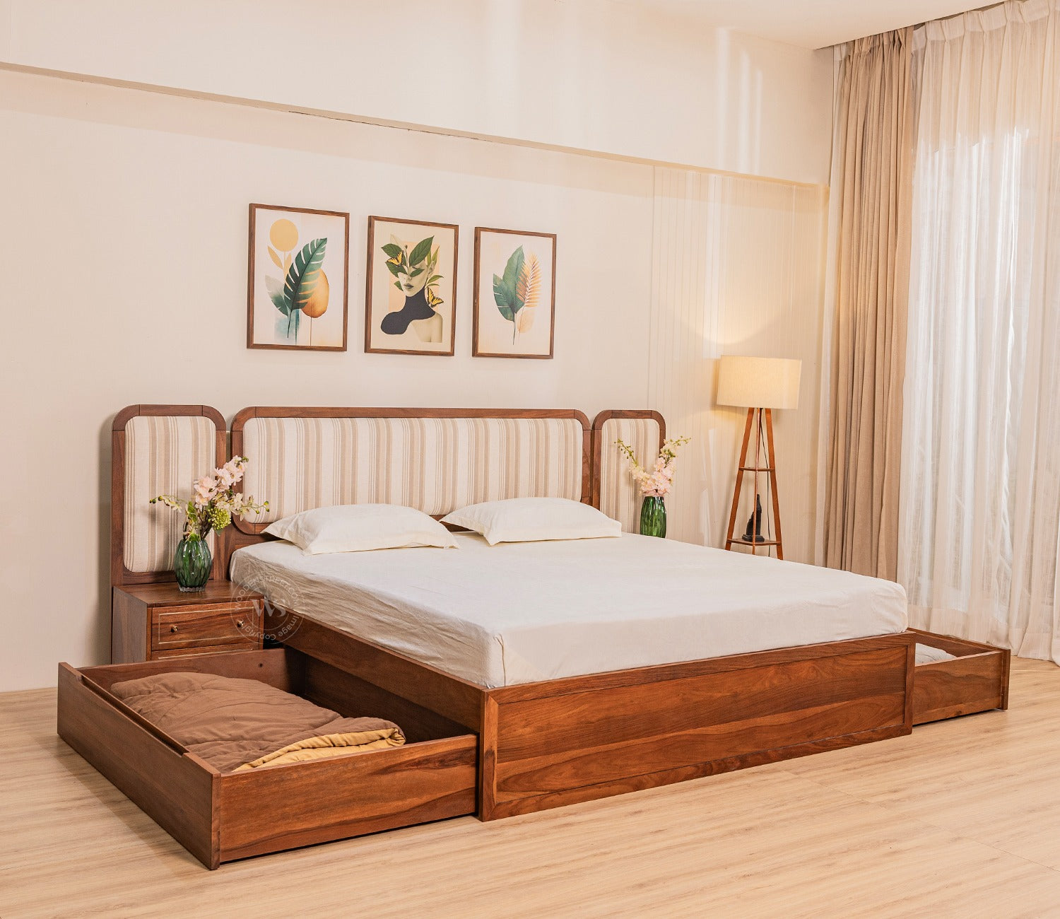 Iransh Premium Sheesham Wood Bed with Striped Headboard Drawer Storage and 2 Bedside Tables (King Size, Cream Stripe)