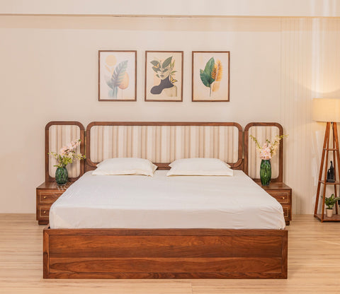 Iransh Premium Sheesham Wood Bed with Striped Headboard Drawer Storage and 2 Bedside Tables (Queen Size, Cream Stripe)