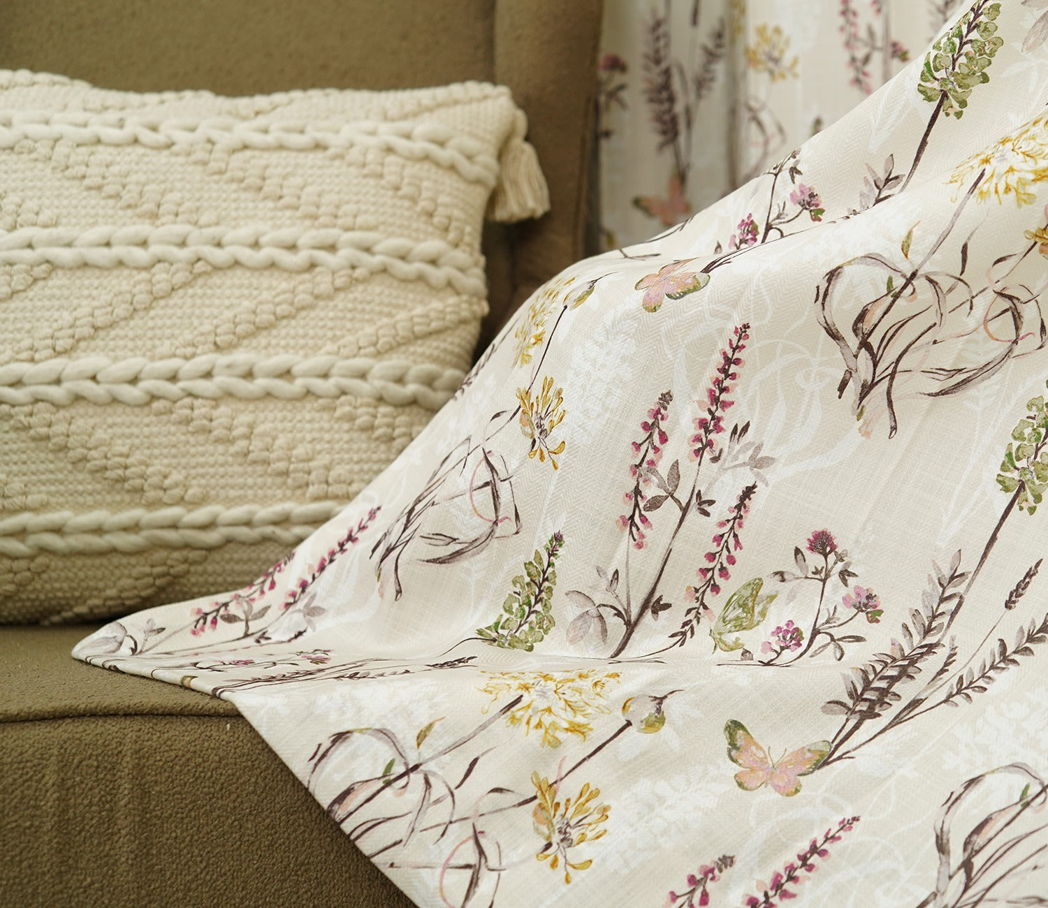 Beige Botanic Mist Floral Print Light-Filtering Door Curtains Set of 2 (Beige, 7 Feet)
