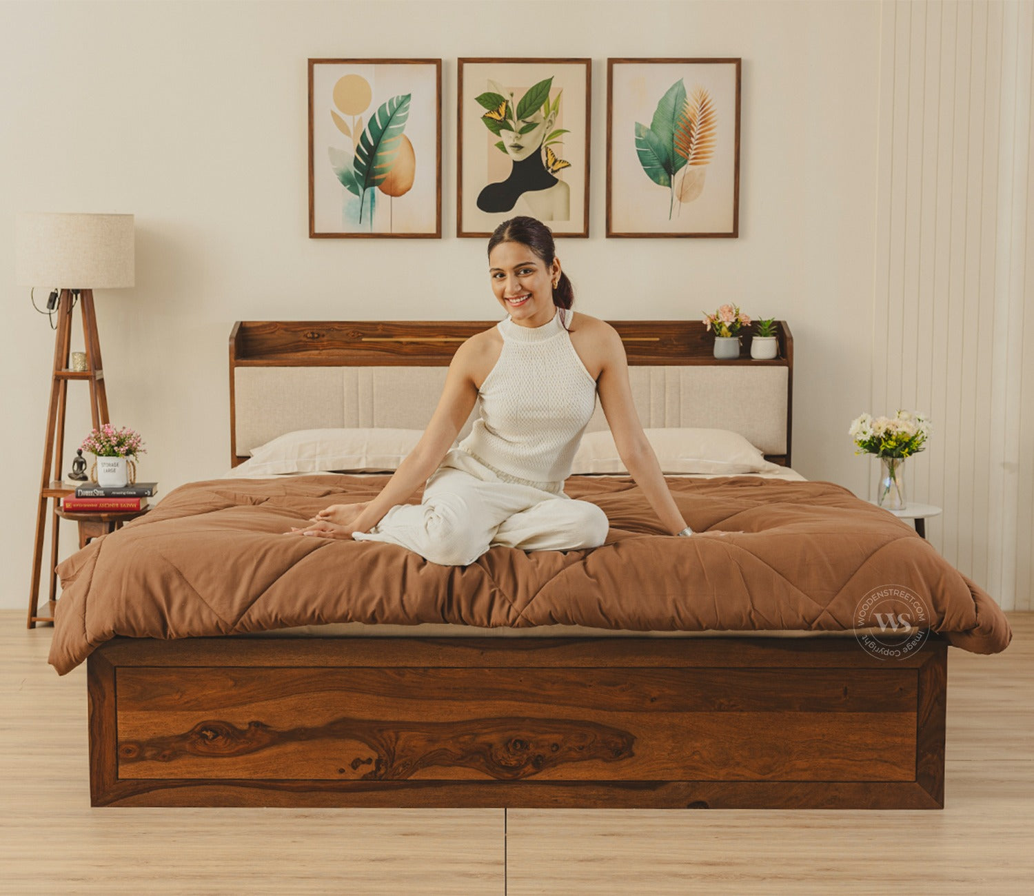 Wildon Premium Sheesham Wood Bed with Cushioned Headboard and Drawer Storage (King Size, Teak Finish)