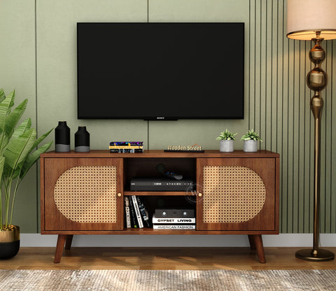 Astorio Premium Solid Wood TV Unit With Cane Door Cabinets & Open Shelves (Mango Wood, Honey Finish)