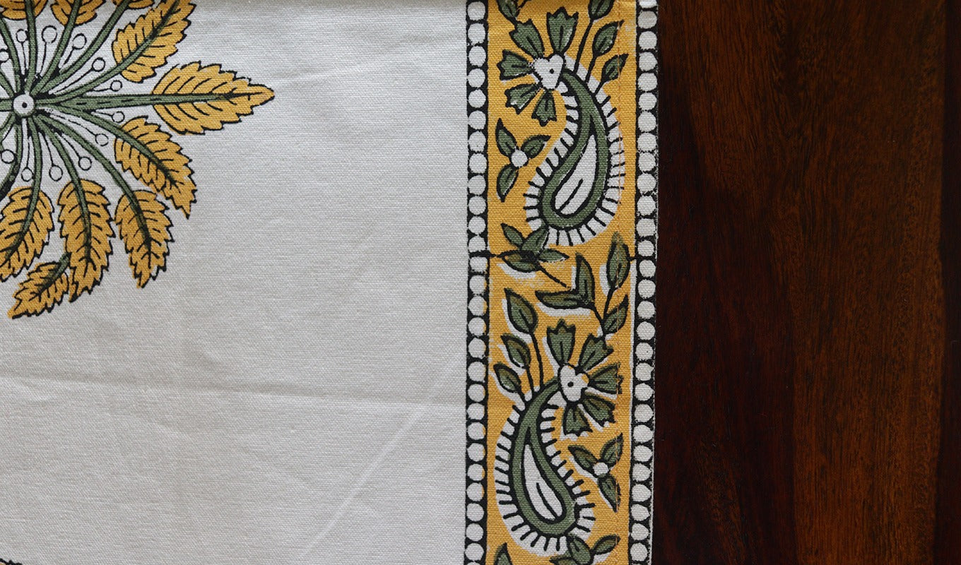 Vivid Garden Yellow and White Hand Block Print Table Runner - 16 x 50