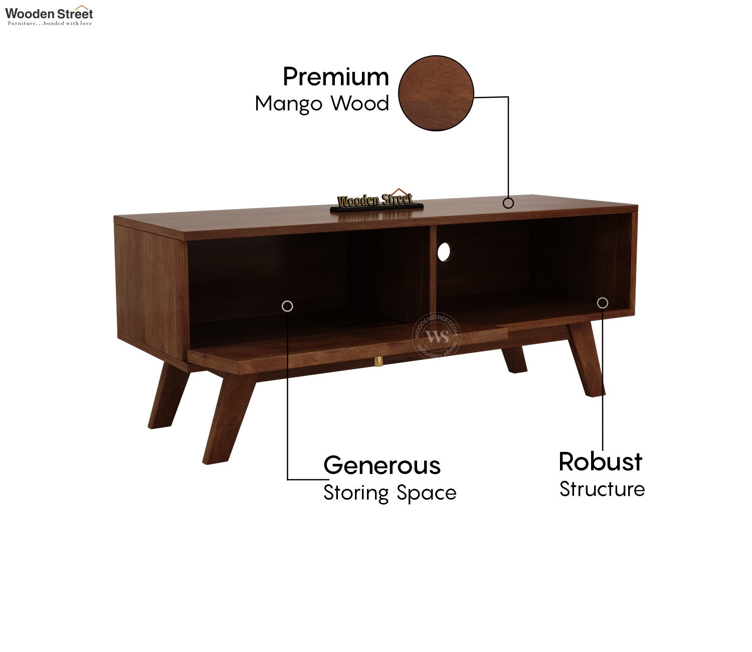 Droid Premium Solid Wood TV Unit With Pull-Down Door Cabinet, Open Shelf & Cane Detailing (Mango Wood, Teak Finish)