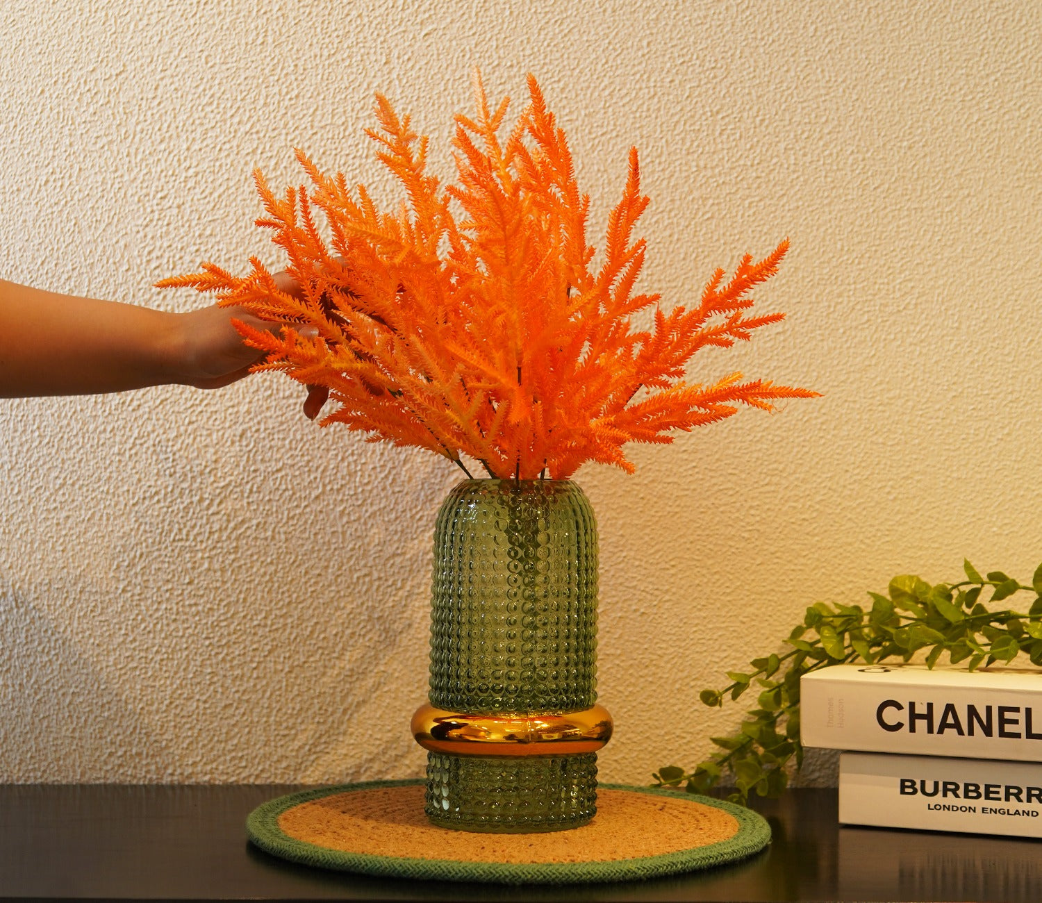 Ever Bloom Artificial Plant Plastic Iron Leaf Plastic Set of 2 (Orange)