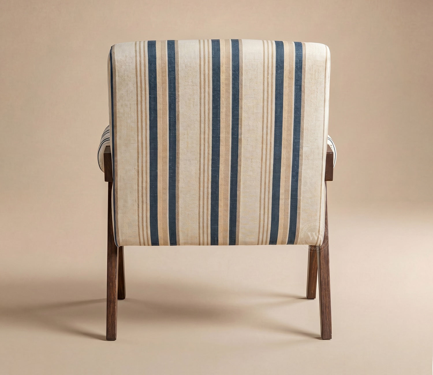 Troupe Sheesham Wood Chandigarh Chair with Premium Upholstery (Blue Stripes, Teak Finish)