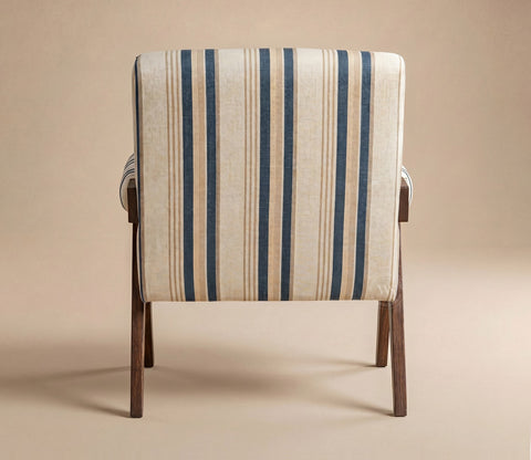 Troupe Sheesham Wood Chandigarh Chair with Premium Upholstery (Blue Stripes, Teak Finish)