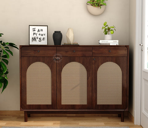 Mazie Premium Solid Wood Shoe Rack With Storage & Cane Detailing (Mango Wood, Teak Finish)