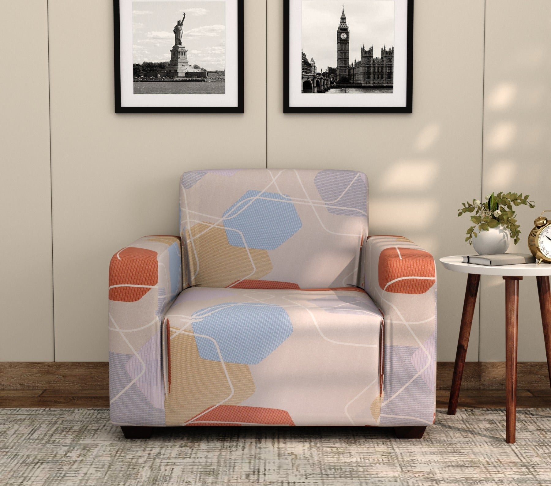 Agnus Modern Abstract Printed Polyester Spandex 3+1+1 Sofa Cover Set (Multi Color)