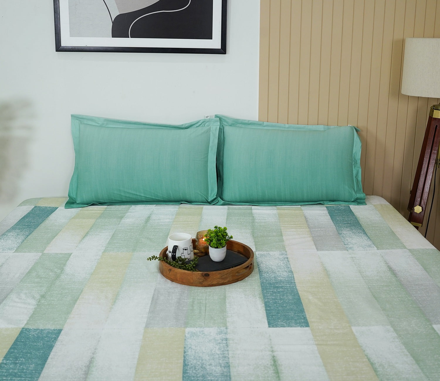 Grid Rectangular 180 TC Flat Pure Cotton King Size Bedsheet With 2 Pillow Covers (Blue)