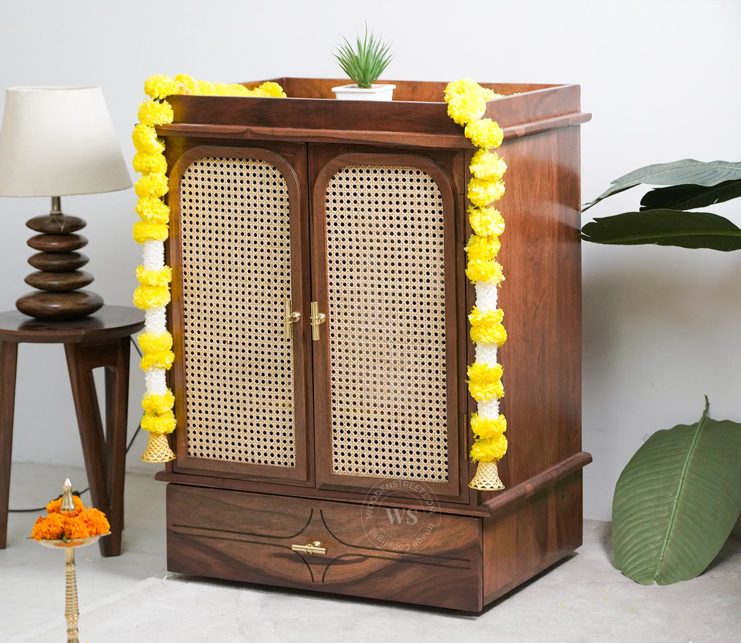 Amogh Sheesham Wood Home Temple with Cane Doors & Drawer Storage (Teak Finish)
