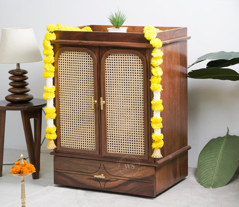 Amogh Sheesham Wood Home Temple with Cane Doors & Drawer Storage (Teak Finish)