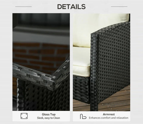 Black Rattan And Wicker Outdoor Sofa Set With Off White Cushions And Table
