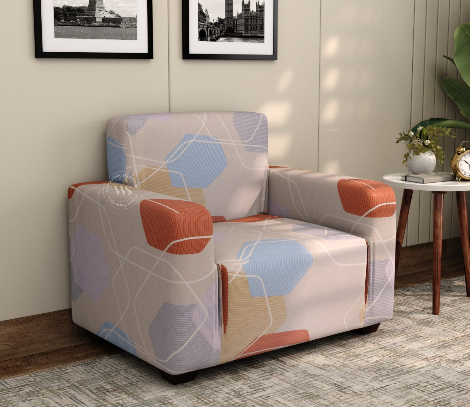 Agnus Modern Abstract Printed Polyester Spandex 1 Seater Sofa Cover (Multi Colour)