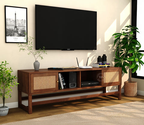 Imperio Premium Solid Wood TV Unit With Cane Door Cabinets & Open Shelves (Mango Wood, Honey Finish)
