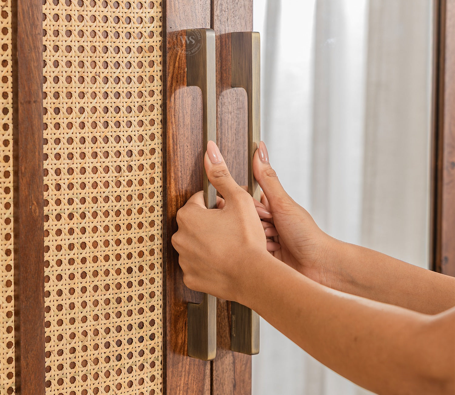 Rida Sheesham Wood Wardrobe with Elegant Cane Detailing and Mirror (Teak Finish)