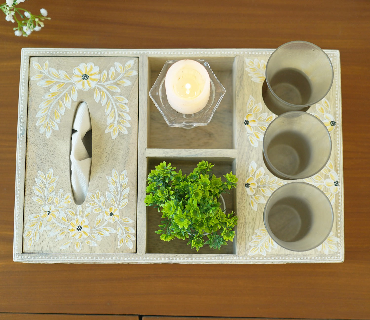 Adiva Floral Hand Painted Multistorage Wooden Tray