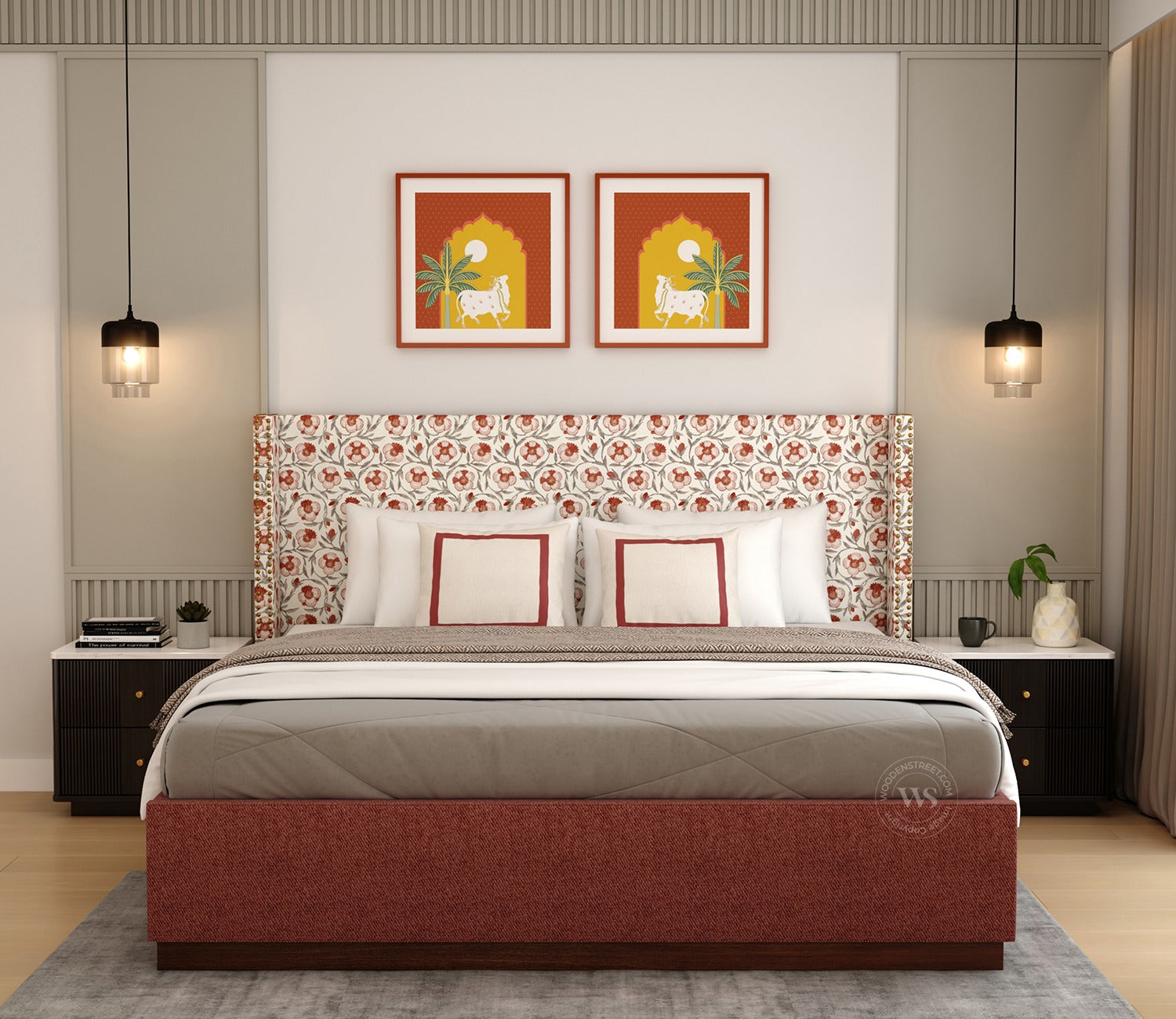 Kesarth Luxe Fabric Bed with High Rise Headboard & Storage (King Size, Red Upholstery)