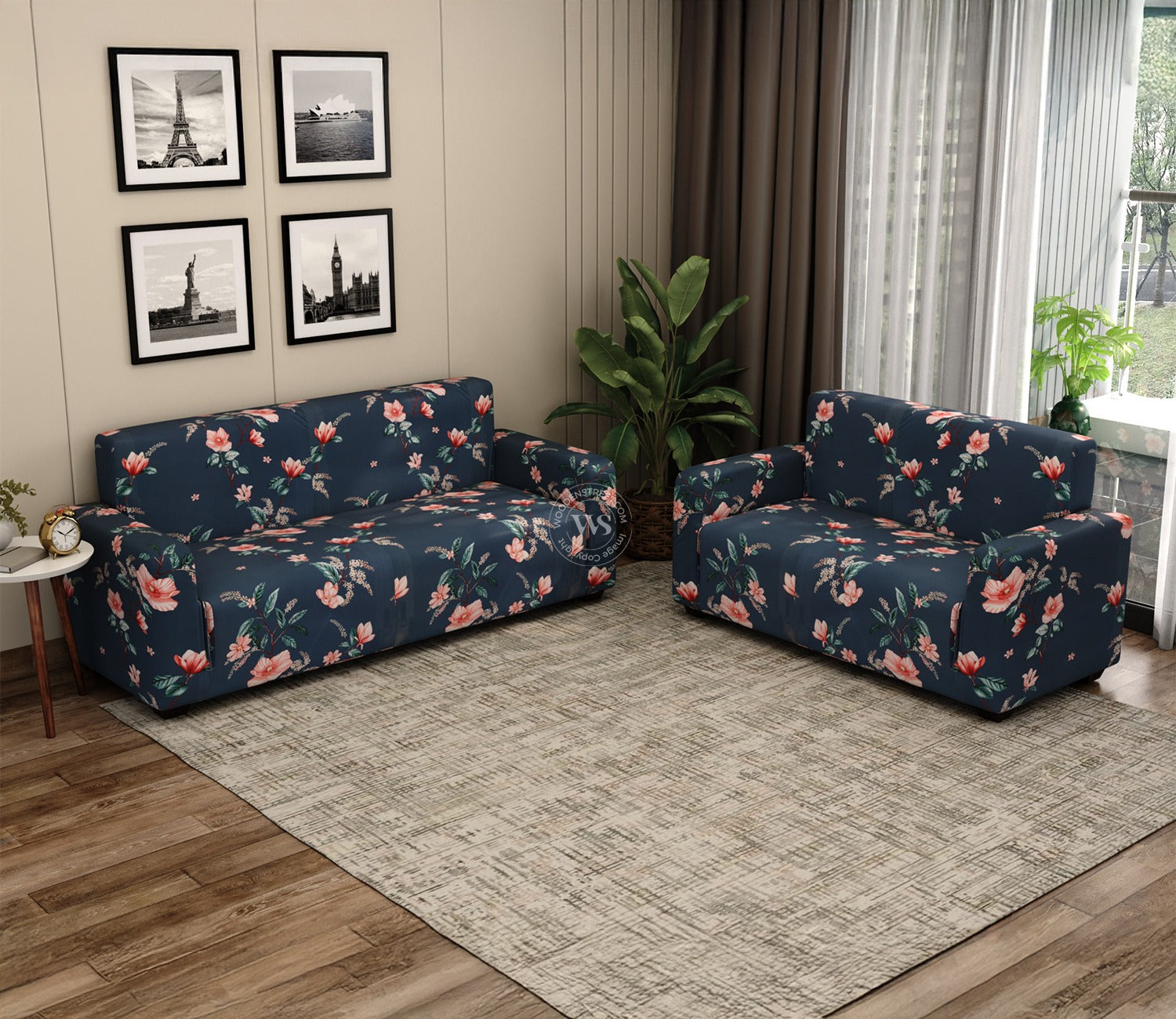 Flaubert Floral Printed Polyester Spandex 3+2 Sofa Cover Set (Blue)