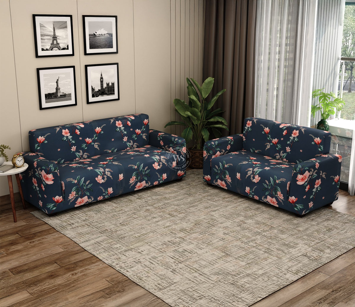 Flaubert Floral Printed Polyester Spandex 3+2 Sofa Cover Set (Blue)