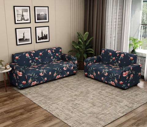 Flaubert Floral Printed Polyester Spandex 3+2 Sofa Cover Set (Blue)