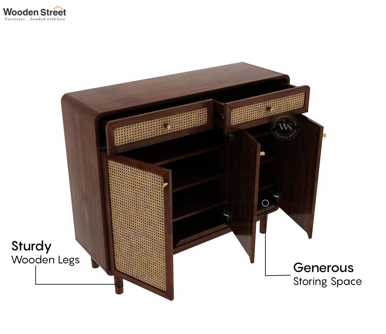 Dashlet Premium Solid Wood Shoe Cabinet With Cane Detailing (Mango Wood, Teak Finish)