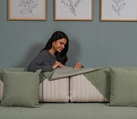 Thread Twist Green Lining Pattern 3 Seater Sofa Cover - Set of 8