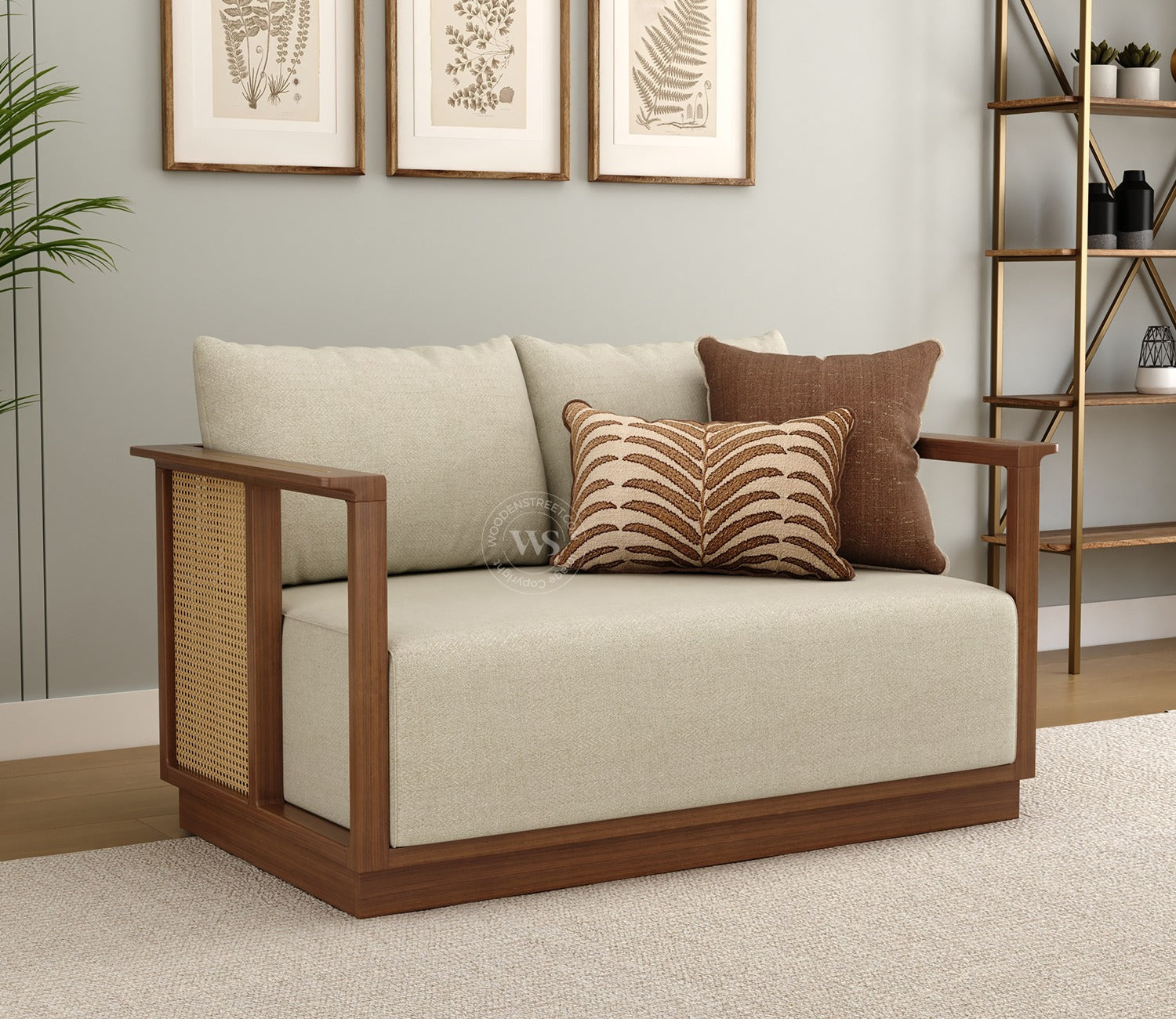 Varnik 2 Seater Ash Wood Sofa with Cane Accents (Teak Finish, Cottage Ivory)