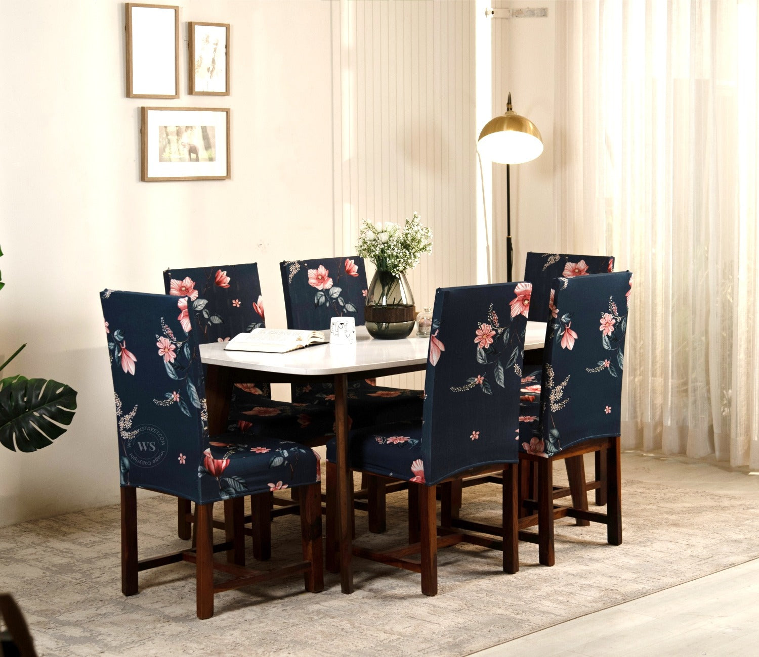 Flaubert Floral Printed Polyester Spandex 6 Piece Chair Cover (Blue)