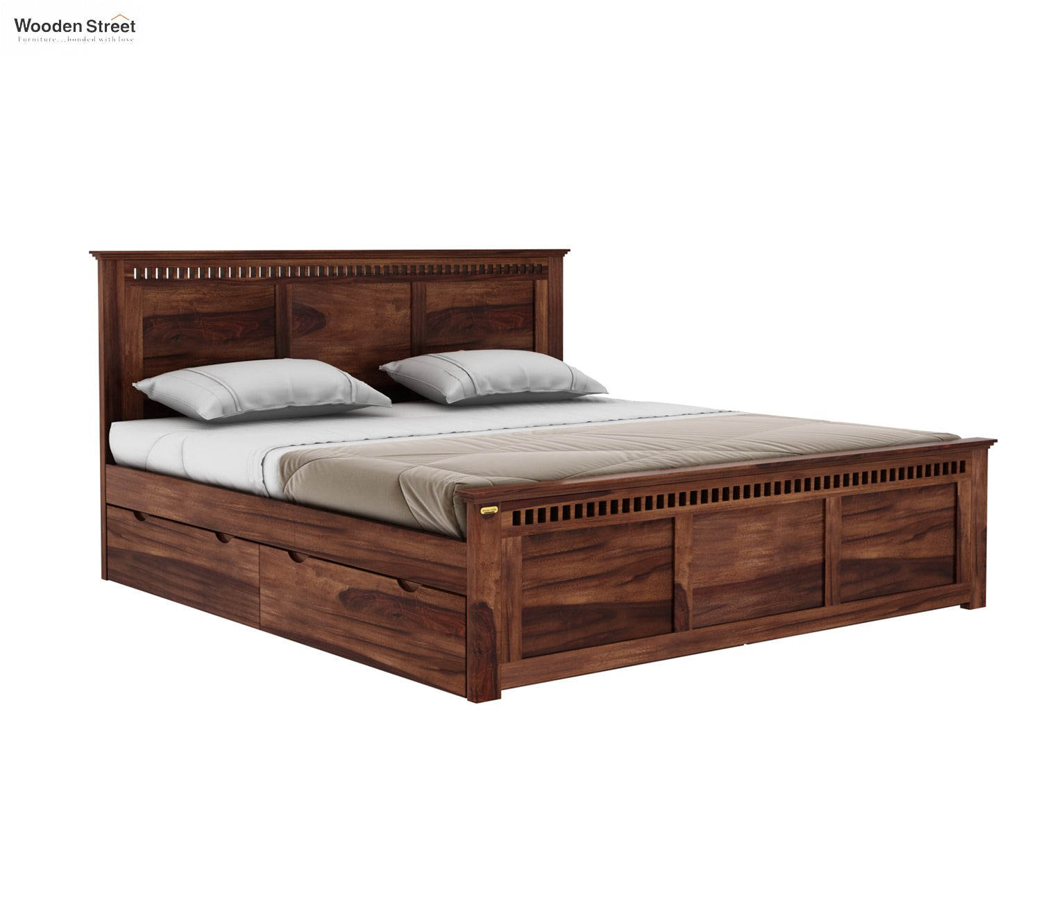 Adolph Sheesham Wood Queen Size Bed With Side Storage (Honey Finish)