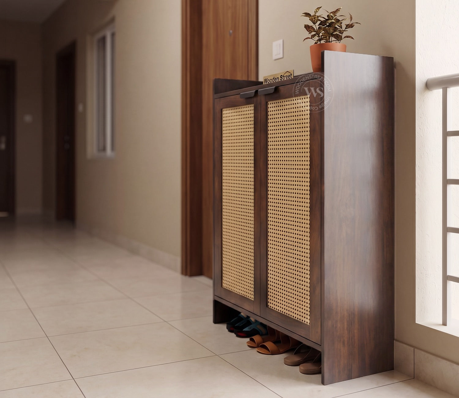 Vithiya Premium Solid Wood Shoe Rack With Cane Detailing (Mango Wood, Teak Finish)
