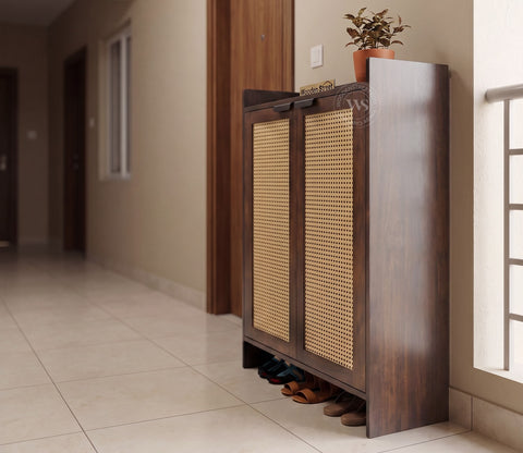 Vithiya Premium Solid Wood Shoe Rack With Cane Detailing (Mango Wood, Teak Finish)