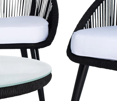 Black Rope 4 Seater Sofa With Table And White Cushions Patio Set