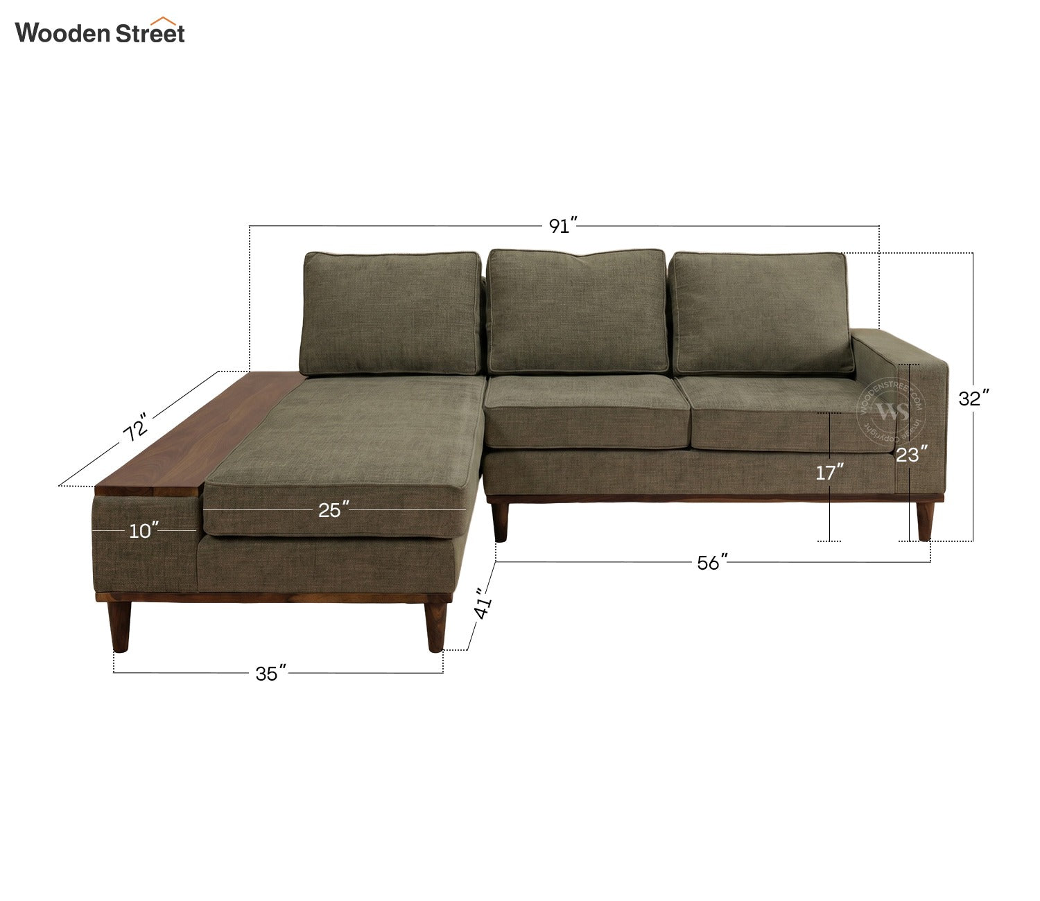 Ashion Premium Left Aligned L Shape Sofa with Built-in Side Wooden Deck (Sage Green)