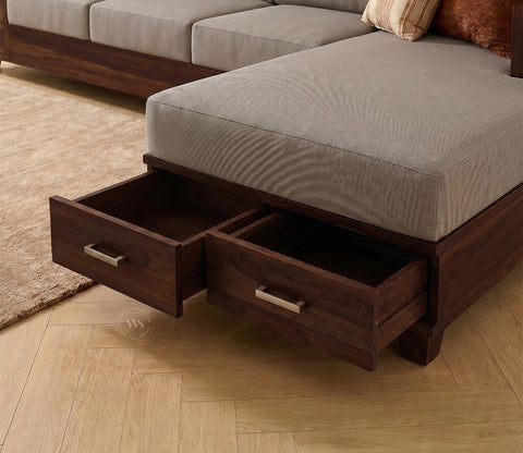 Solace L-Shape Right Aligned 4 Seater Sheesham Wood Sofa (Walnut Finish, Warm Grey)