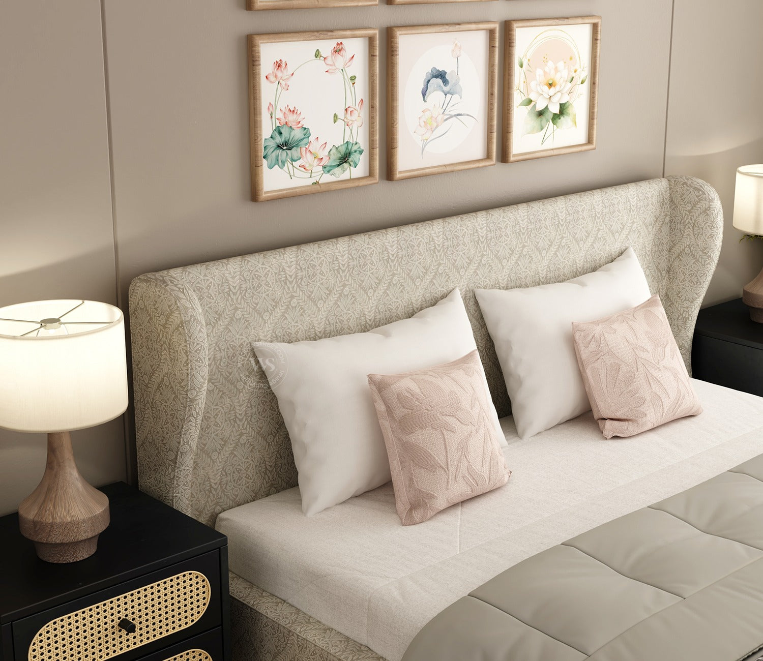 Adhiraj Luxurious Fabric Box Storage Bed with Plush Wingback Headboard (King Size, Pavilion Trellis Stone)