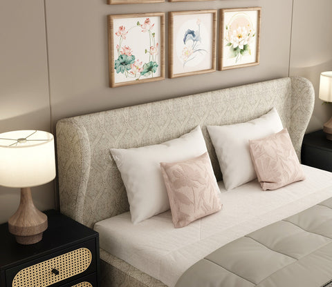 Adhiraj Luxurious Fabric Box Storage Bed with Plush Wingback Headboard (King Size, Pavilion Trellis Stone)