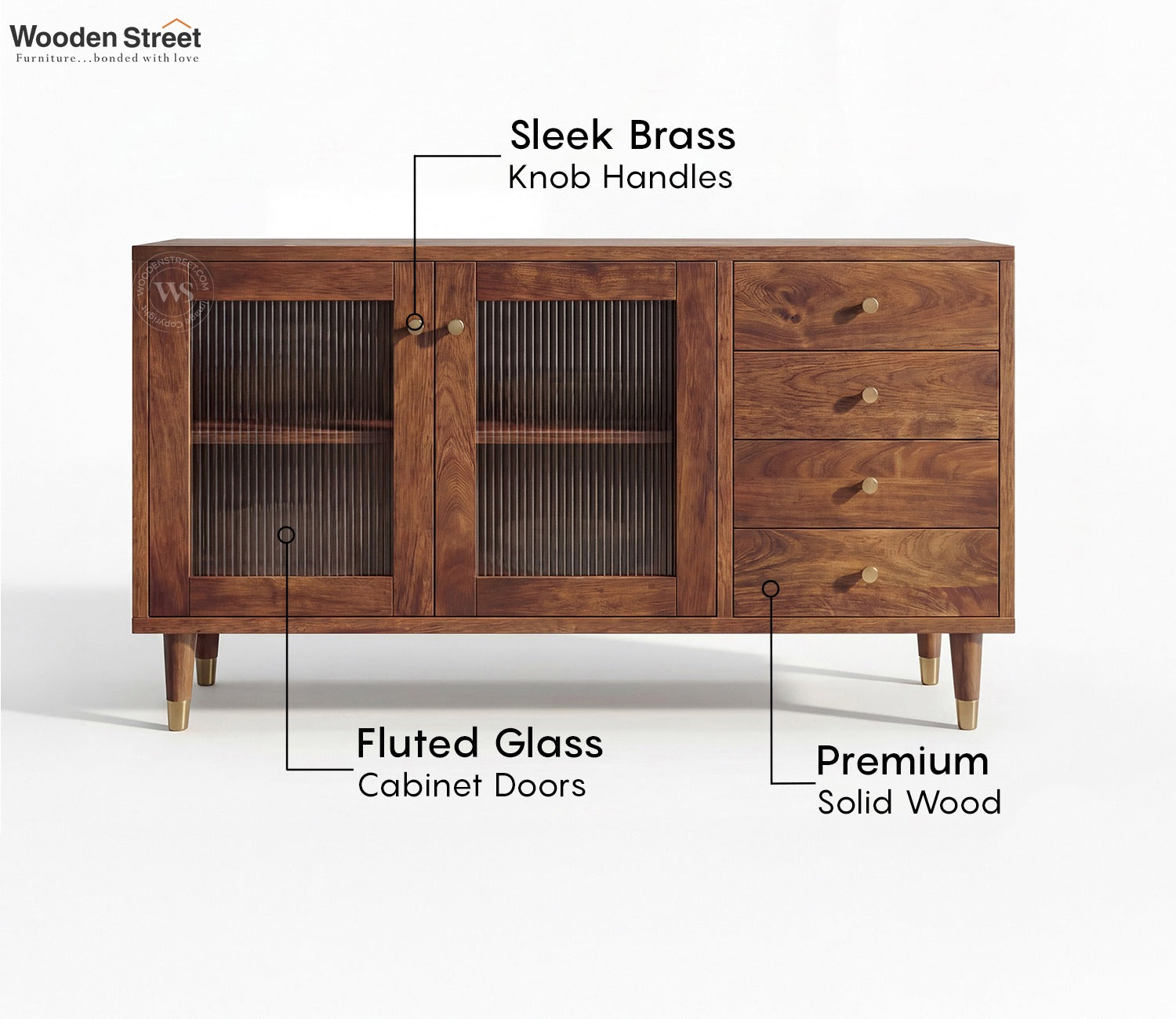 Briska Mango Wood Cabinet with Fluted Glass & Drawer Storage (Teak Finish)