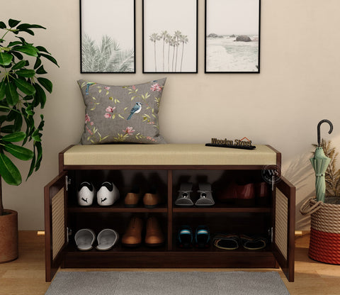 Bockle Premium Solid Wood Shoe Rack With Cane Work & Cushioned Seating (Mango Wood, Teak Finish)