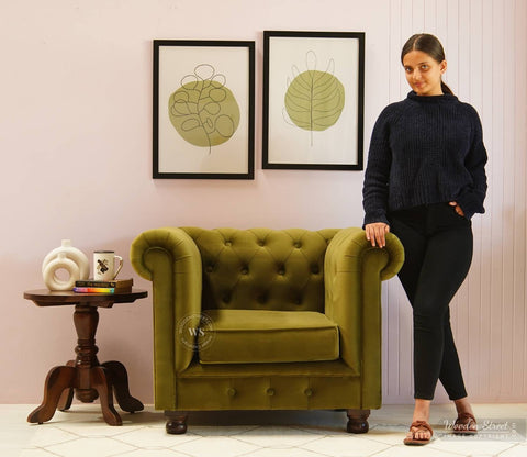 Henry 1 Seater Sofa (Velvet, Dark Olive Green)