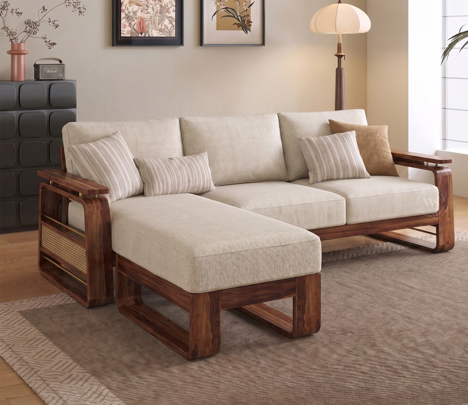Vedic Sheesham Wood L Shape Left Align Sofa With Cane and Brass Detailing (Honey Finish, Jade Ivory)