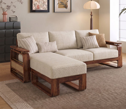 Vedic Sheesham Wood L Shape Left Align Sofa With Cane and Brass Detailing (Honey Finish, Jade Ivory)