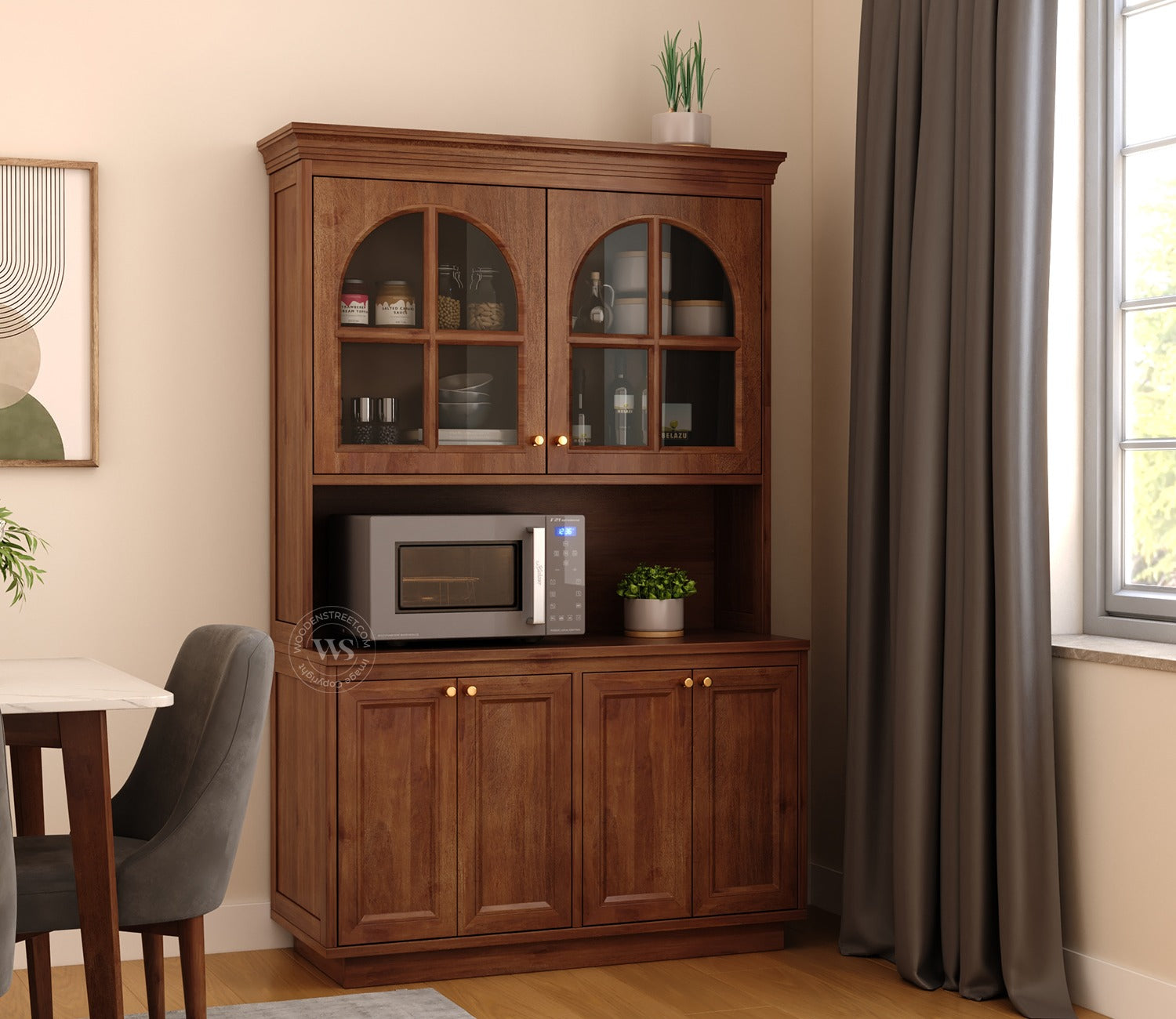 Nivrit Mango Wood Arch Glass Kitchen Cabinet (Teak Finish)