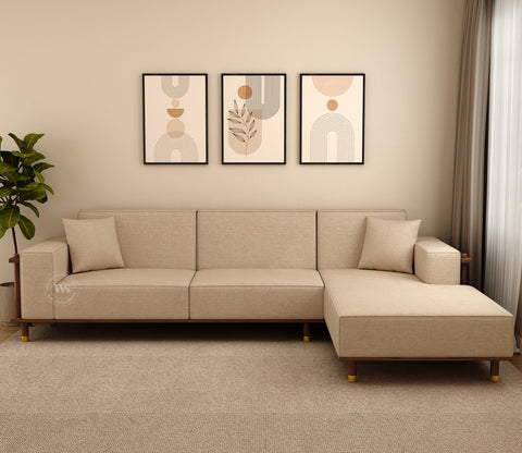 Saket Ash Wood L Shape Right Align Sofa with Cane And Brass Accents (Sand Beige)
