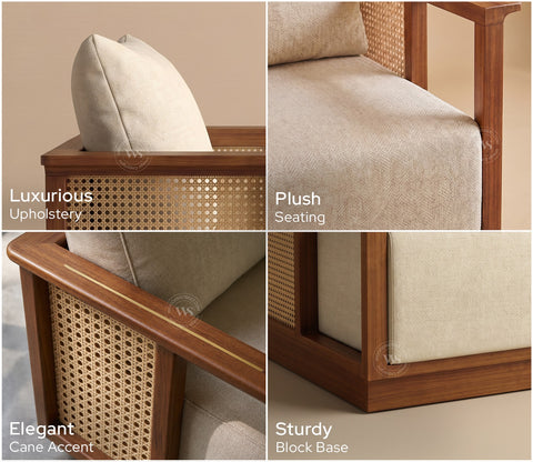 Varnik 1 Seater Ash Wood Sofa with Cane Accents (Teak Finish, Cottage Ivory)