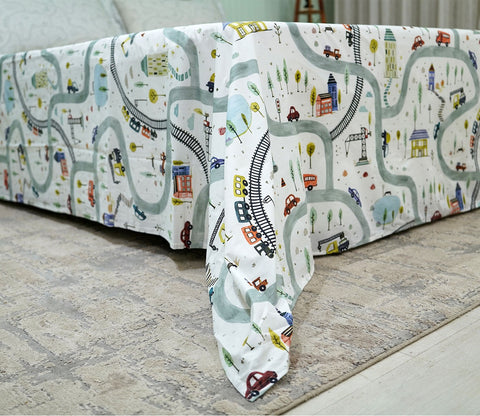 Train And Town Flat Cotton Kids Bed Sheet King Size with 2 Pillow Covers
