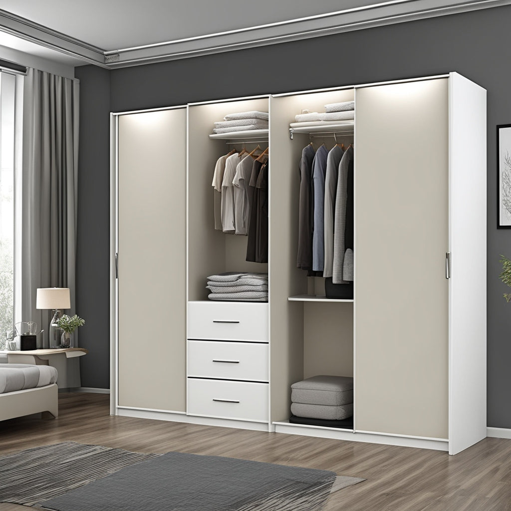 Trueliving 4 Door Sliding White wardrobe Laminated Finish & PU Finish with Drawers (6Ft *2Ft *9Ft -1828.8MM X 609MM X 2743.2MM)