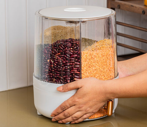 Rotarion 6- Compartment All-In-One Rotating Grain Dispenser (White, Large)