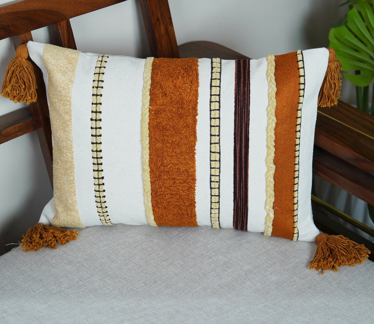 Striped Tasseled Mustard Cotton Cushion Cover -14 x 20