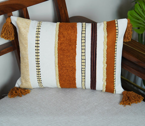 Striped Tasseled Mustard Cotton Cushion Cover -14 x 20